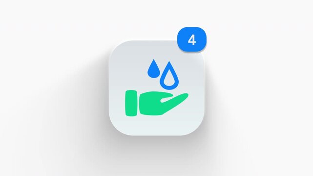 Water saving hand app icon featuring animated notification badge with counter 1 to 99, dynamic shadow effect, minimalist save water aqua conservation concept, on white background. 