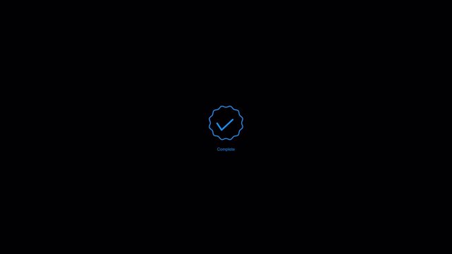 4k hundred percent complete verified check mark animation on black background, downloading complete animated sign with blue tick mark, circular motion check sign.