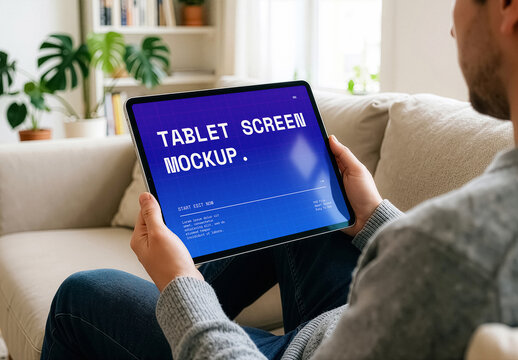 Tablet Horizontal Mockup In Man Hands At Home, Blank Screen Lifestyle Scene