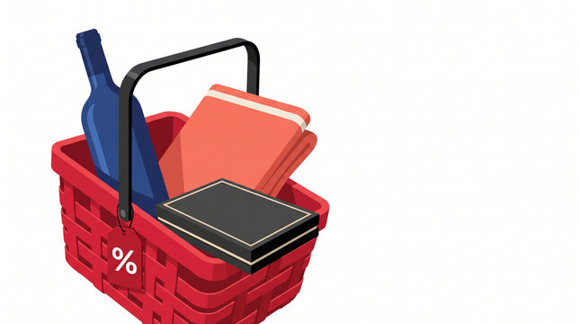 Red shopping basket filled with wine, books, and a notebook  