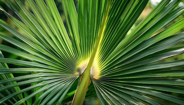 detailed view of a fresh palm frond with sunlight creating soft shadows and texture patterns