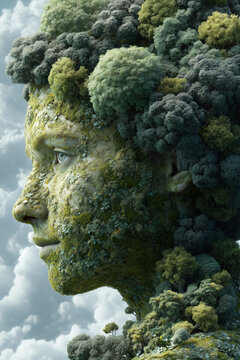 abstract, mystical topiary goddess with a human face formed from trees and moss, environment, photorealistic