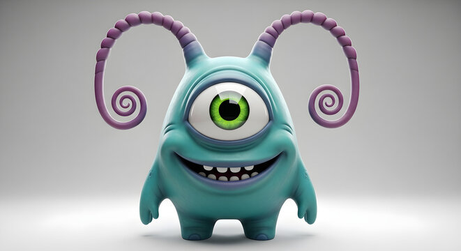 Cute 3D cartoon one-eyed monster character with purple antennae smiling