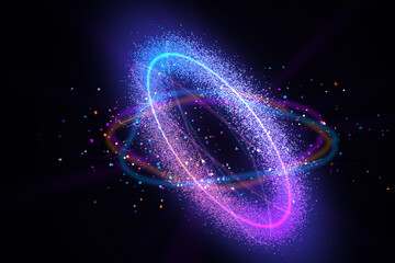 Glowing abstract neon light rings with particles floating in deep dark space representing energy and digital technology © Rakib