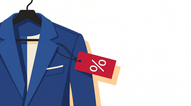Blue suit jacket with discount tag hanging on a clothing rack  