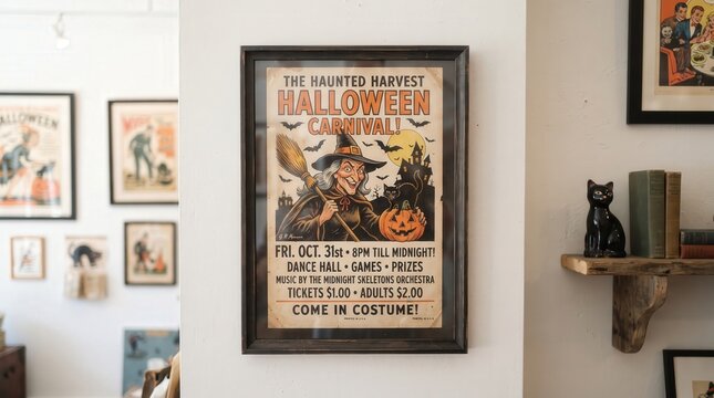 Vintage Halloween carnival poster displayed in a bright interior for seasonal wall art, retail promotion and holiday home decor.
