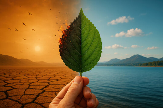 climate change, hand holding a burning green leaf between dry land and clean blue water, photorealistic OeE