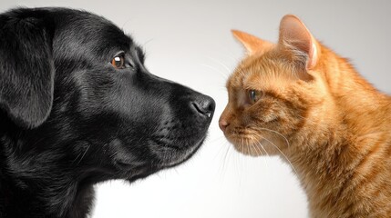 Fototapeta premium Black labrador dog and ginger cat face to face nose to nose meeting.