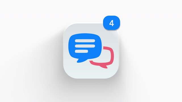 Speech bubbles app icon featuring animated notification badge with counter 1 to 99, dynamic shadow effect, minimalist communication chat message concept, on white background. 