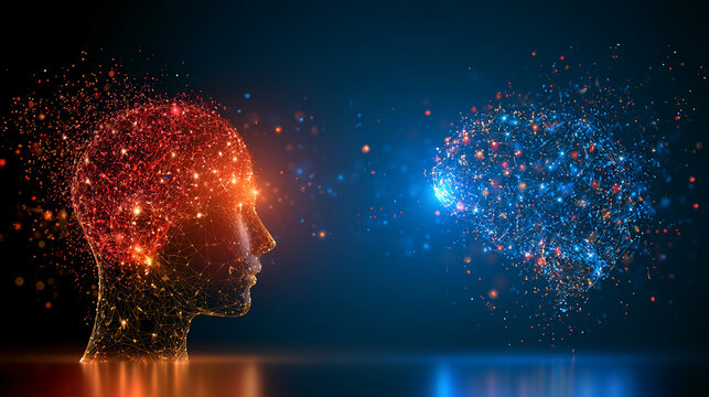 Digital artwork shows a human-like head made of sparks facing a cloud of colorful particles representing a brain
