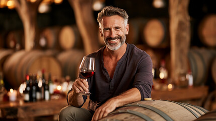 Naklejka premium Man holding wine glass smiles while sitting on a barrel in a winery during evening