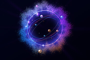 Abstract galaxy system with glowing colorful planets and orbital rings floating in deep dark outer space background © Rakib