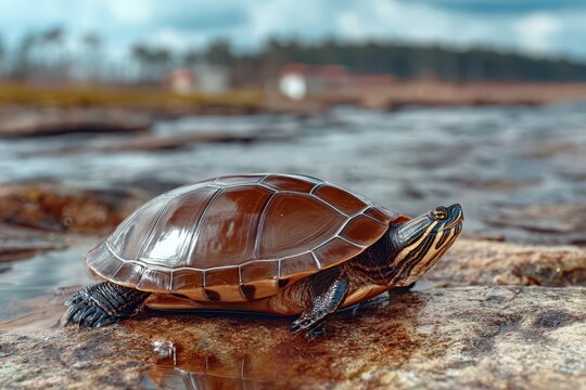 This painted turtle is the focal point of a vibrant waterside scene, highlighting its colorful markings and the details of its shell. The calm setting shows nature's beauty