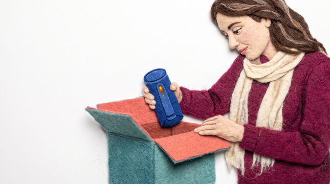 Woman unwrapping new gadget with excitement in a cozy setting  