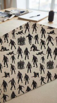 Dark monster silhouette fabric pattern on a sewing table for Halloween costumes, crafts and vintage horror textile projects.