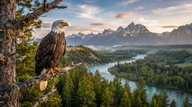 Majestuosa &aacute;guila calva posada en una rama frente a una panor&aacute;mica de un r&iacute;o serpenteante, frondosos bosques y monta&ntilde;as nevadas.