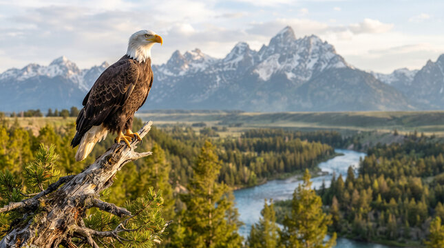 Majestuosa &aacute;guila calva posada en una rama frente a una panor&aacute;mica de un r&iacute;o serpenteante, frondosos bosques y monta&ntilde;as nevadas.