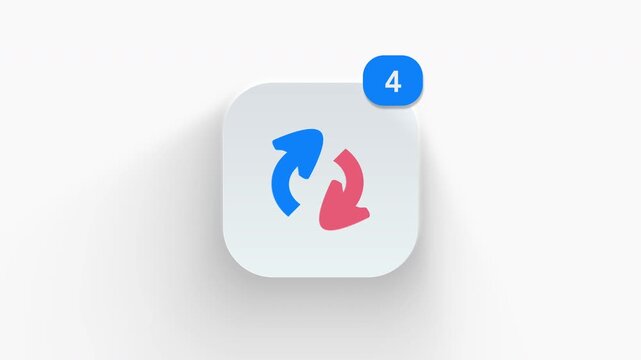 Refresh arrows app icon featuring animated notification badge with counter 1 to 99, dynamic shadow effect, minimalist reload update sync loop concept, on white background. 