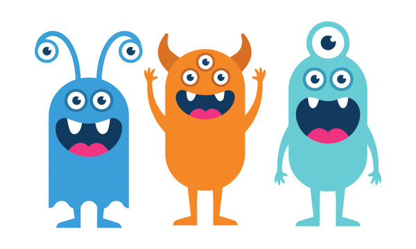 Cute cartoon colorful monsters set with funny faces and big eyes vector illustration for kids design