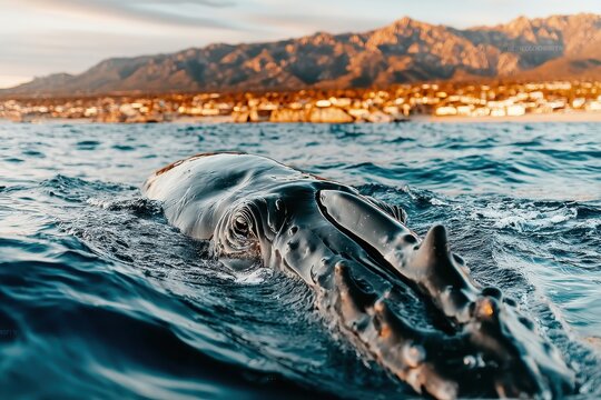 The humpback whale cruises in the ocean along the coastline, its barnacles clearly visible in this unique perspective of marine life
