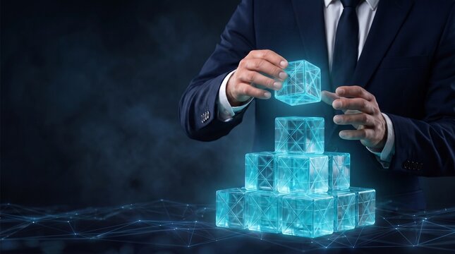 Businessman Building with hand a Glowing Transparent Digital Cubes Stack for Enterprise Architecture and Technology Infrastructure Concept