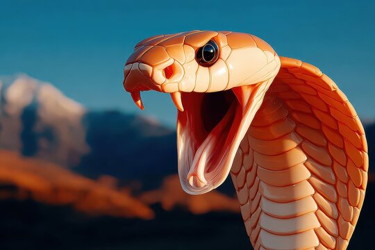A striking close-up of an orange cobra poised to strike, its hood flared and mouth open, revealing its fangs, set against a blurred background