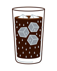 Fototapeta premium Close up clear glass of iced coffee with large ice cubes and condensation droplets on white background, concept of refreshing cold beverage