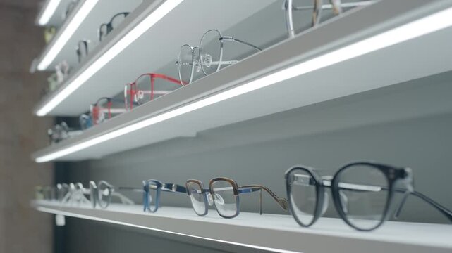 Eyeglass frames displayed on illuminated shelves in optical store