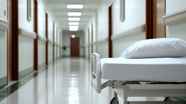 Empty Hospital Corridor with Gurney and Pillow.
