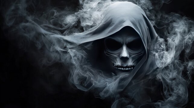 Grim Reaper shrouded in smoke with skull face and dark hood.