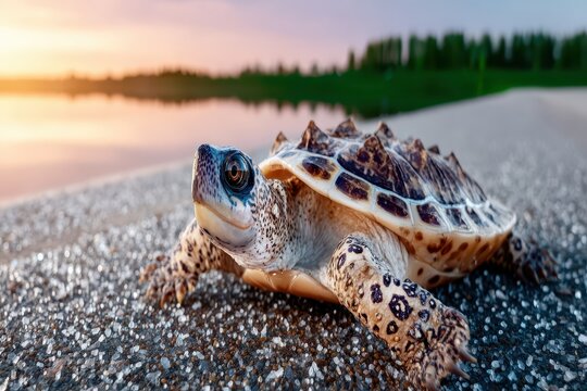 A cute turtle crawls across a textured road during a sunset, showcasing its unique patterned shell and spotted skin in natural light