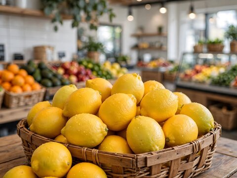 A bountiful display of freshly picked lemons in a woven basket, ready for purchase in a bright and inviting grocery store produce section