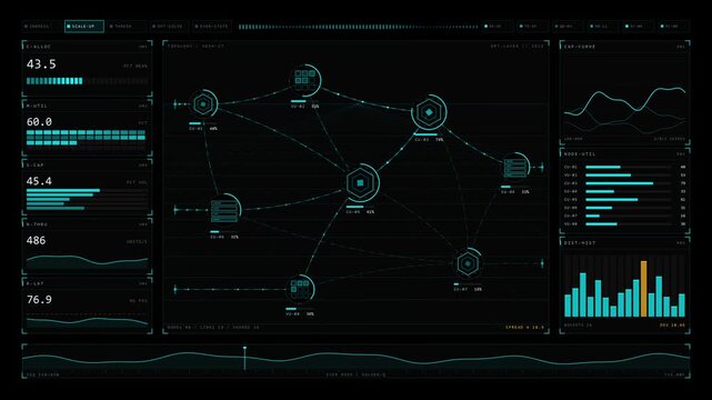 Experience a sophisticated dark enterprise cloud infrastructure visualization showcasing automated optimization of compute and storage resources with dynamic animations and telemetry.