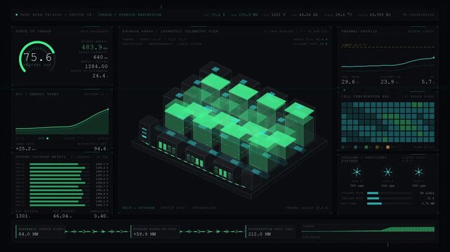 Visual representation of a dark-mode battery energy storage system monitoring dashboard with animated energy flow and real-time metrics updates during charging and discharging phases.