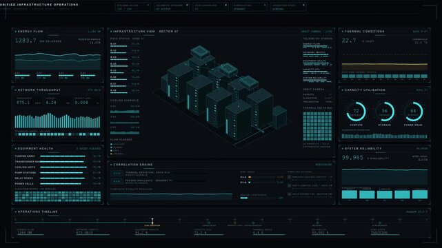 A sophisticated command center visualizes critical infrastructure operations with integrated data streams and anomaly indicators in a cinematic dark environment.