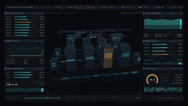 A cinematic view of a dark-mode enterprise data center infrastructure monitoring dashboard showcasing real-time telemetry and thermal management with animated data streams.