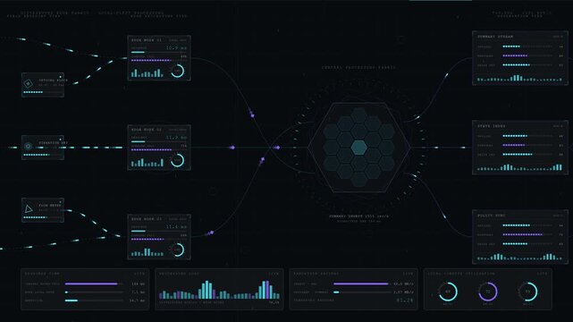A sophisticated dark-mode visualization of edge computing infrastructure processing real-time data with abstract nodes and animated data pathways for IoT applications.