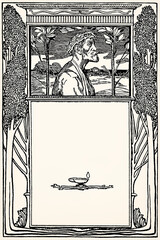Profile portrait with laurel wreath framed by trees and lamp below. Antique stylized illustration. © Sergey Kohl