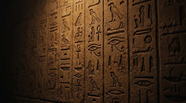 Ancient Egyptian Hieroglyphics Carved on Temple Stone Pillar with Dramatic Lighting, AI Generated