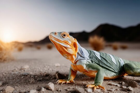 A vigilant lizard stands prominently in its desert habitat, its patterned skin blending with the arid landscape, embodying the spirit of wildlife survival and desert adaptation
