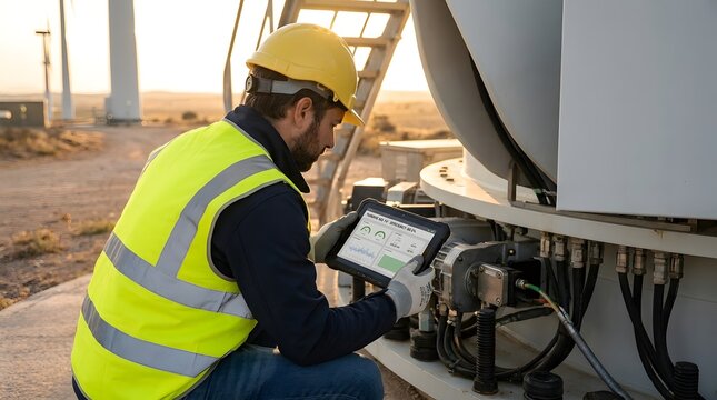 Professional technician in yellow safety vest analyzes wind turbine performance on digital touch pad.