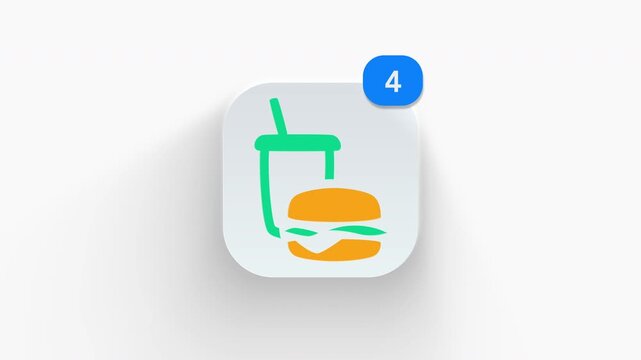 Fast food combo app icon featuring animated notification badge with counter 1 to 99, dynamic shadow effect, minimalist burger soda drink meal concept, on white background. 