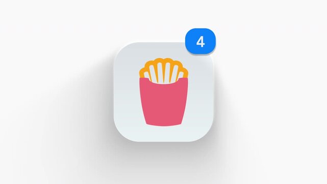 French fries app icon featuring animated notification badge with counter 1 to 99, dynamic shadow effect, minimalist crispy potato snack concept, on white background. 