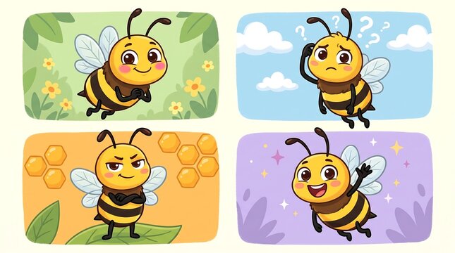 Cute bumblebee cartoon character set, friendly honey bee mascot with different emotions, funny insect illustrations for kids