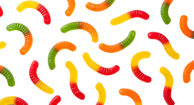 Colorful gummy worms candy isolated on transparent background