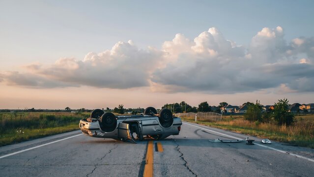 A crashed car lying upside down in the middle of a rural road