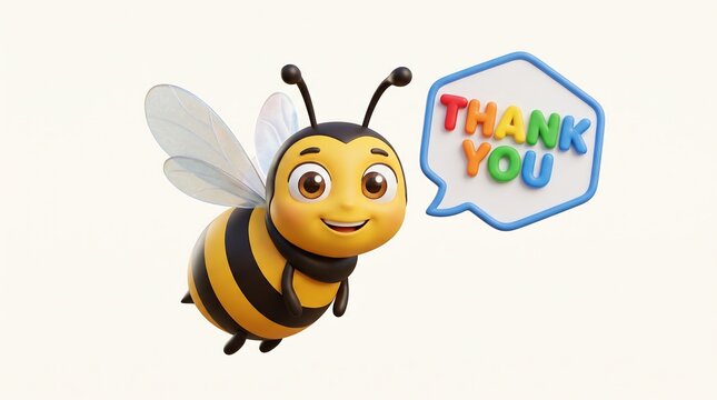 Cute 3D honey bee character with thank you speech bubble, friendly cartoon bumblebee illustration, cheerful insect mascot for gratitude
