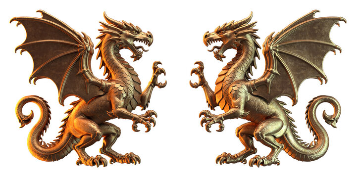Heraldic dragons, medieval emblem and mythical creature sculpture in antique gold bronze, mirrored pair isolated on transparent PNG background