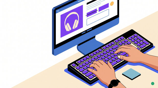 Hands typing on computer keyboard with headphones displayed on screen  