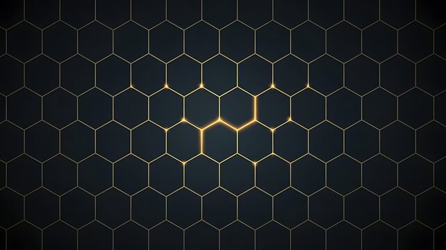 Dark honeycomb pattern background, with a glowing, golden circuit-like path, running through the, center, representing modern, technology and innovation